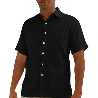 

Men Lapel Shirt Dress Shirt Solid Color Short Sleeve Pocket Button Down Blouse