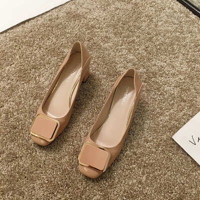 

Single shoe female summer Korean fashion Joker thick heels metal buckle square head shallow mouth career work shoes