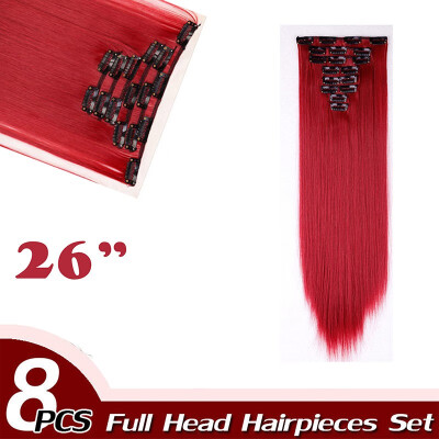 

17" Straight 8 Pcs Full Head Clip in Hair Extensions Synthetic 8 Piece 18 Clips Hairpiece Long Straight for Women