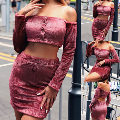 

Toponeto Women Fashion Solid Off Shoulder Button Long Sleeve Sweater Skirt Short Suit