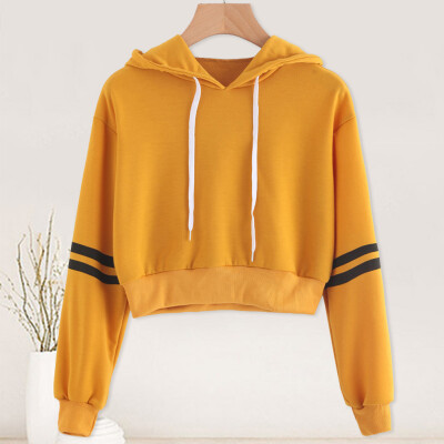 

Women Fashion Sexy Varsity Striped Drawstring Crop Hoodie Sweatshirt Jumper Crop Pullover Top Hoodies