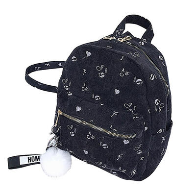 

Pompom Pendant Printing Travel Backpacks Canvas Women Small School Bags