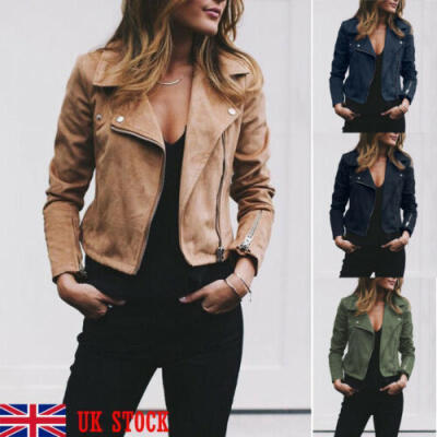 

Womens Ladies Suede Leather Jacket Flight Coat Zip Up Biker Casual Tops Clothes