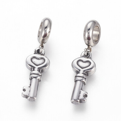 

304 Stainless Steel European Dangle Beads Large Hole Pendants Key with Heart Antique Silver 29mm Hole 5mm Pendant 19x8x3mm