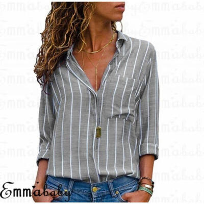

Women Long Sleeve Button Stripe T-Shirt Casual Loose Formal Tops Shirt Blouse -XXL