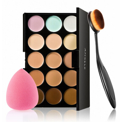 

Anself 15 Colors Facial Concealer with Puff Oval Makeup Brush Soft Material V9M3