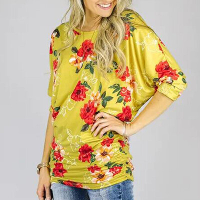 

Womens Round Neck Tops Half Sleeve Basic Tee Floral Print Blouse Casual T Shirt