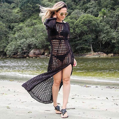 

Sexy Women Bikini Cover Up Sheer Fishnet Hollow Out Split Knitted Swimsuit Coverups Beach Long Dress WhiteBlackBeige