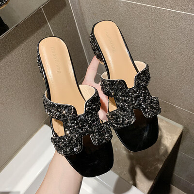 

Sandals&slippers women wear rhinestone rough heel beach shoes in summer the seaside tourist port fashion Joker net red H slip