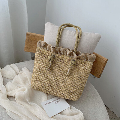 

Tailored Women Beach Print Drawstring Straw Bag Burlap Square Bag Beach Crossbody Bag