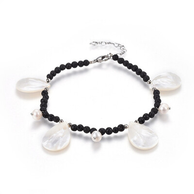 

Spiral Shell Charm Anklets with Non-magnetic Synthetic Hematite Beads&Natural Lava Beads&Pearl Cardboard Jewelry Set Box
