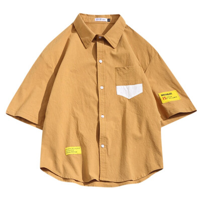 

Tailored Mens Linen Breathable Blouse Loose Shot Sleeve Letter Printed Chest Pocket Shirt