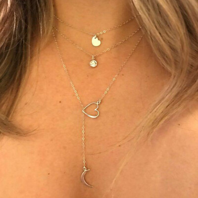 

Simple Women Necklaces Heart Crystal Moon Clavicle Chain Multilayer Gold Long Necklace Set Charm Wedding Party Jewelry Gifts