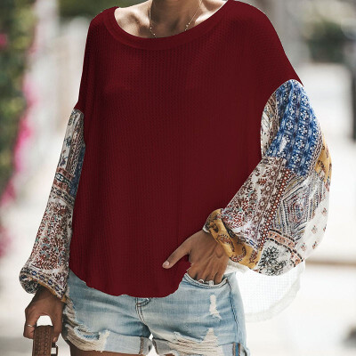 

Autumn Winter Women Long Sleeve Bohemian Knit Patchwork Blouse Casual O Neck High Low Ladies Loose Tops