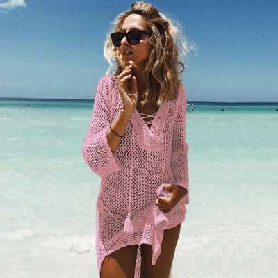 

New Women Knitting Cover Up Solid Hollow Out Lace Up Boho Loose Outerwear Beachwear Bikini Cover-ups