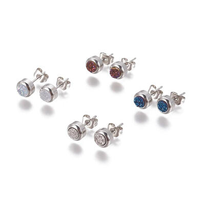 

Electroplate Natural Druzy Quartz Stud Earrings with 304 Stainless Steel Findings Flat Round Mixed Color 15x6x445mm Pin 0