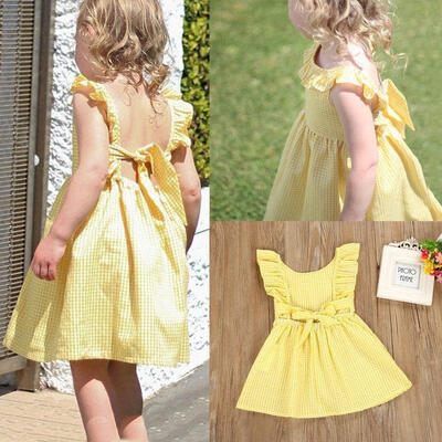 

2018 Toddler Baby Kid Girl Plaid Lace Belt Backless Sleeveless Summer Yellow Dress Clothes