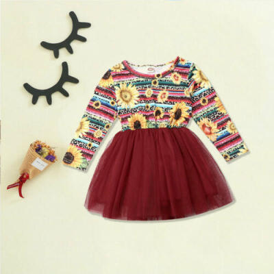 

US Toddler Baby Girl Kid Floral Long Sleeve Tutu Skirt Tulle Sunsuit Dresses Top