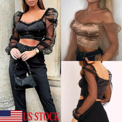 

US Women Casual Tank Crop Tops Vest Blouse Off Shoulder Mesh Long Sleeve T-Shirt