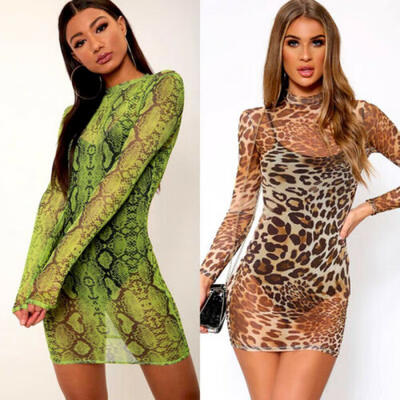 

Women Snake Print Bodycon Sheer Mesh Dress Party Club Mini Dresses Sundress New