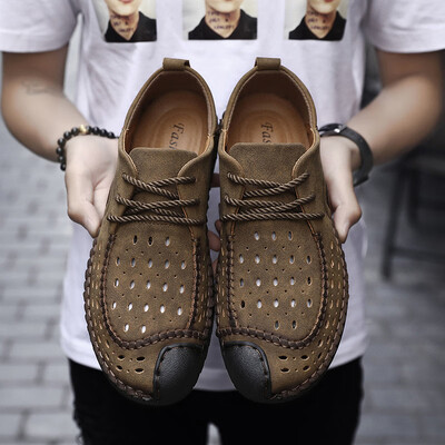 

Mens leather shoes 2019 summer new hollow peas shoes mens breathable outdoor casual shoes mens explosions lazy shoes men