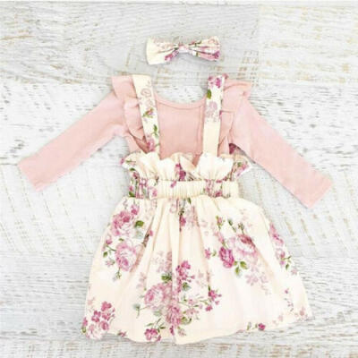 

US Baby Girls Long Sleeve Shirt TopsStrap Skirt 2Pcs Dress Clothes Outfits Set