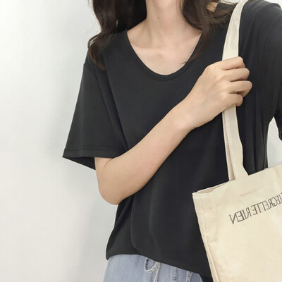 

Simple Casual Solid Color Womens T Shirts Loose V-neck Short-sleeved Tops