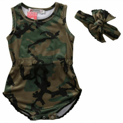 

US Newborn Infant Baby Girls Camouflage Sleeveless Bodysuit Headband Clothes