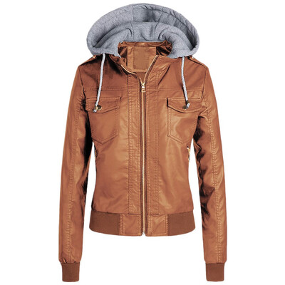 

Toponeto Women Slim Leather Jacket Removable Zipper Caps Hooded Warm Short Coats Outwear