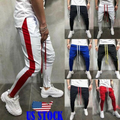 

Mens Hipster Techno TRACK PANTS WITH SIDE COLOR STRIPE Zip Jogger Trousers USA