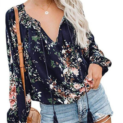 

Women Loose V Collar Button Summer Cartoon Floral Print Loose Long Sleeve Casual Simple Wild T-Shirt