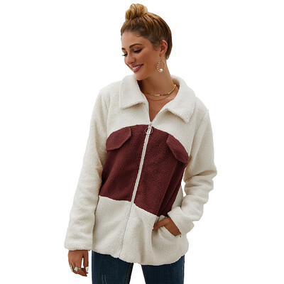 

Women Autumn Winter Velvet Color Stitching Zipper Lapel Warm Loose Plush Long Sleeved Wild Casual Tops