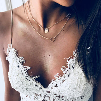 

2019 New Summer Multi Layer Sequined Choker Necklace for Women Gold Color Double Layer Round Pendant Necklace Fashion Jewelry