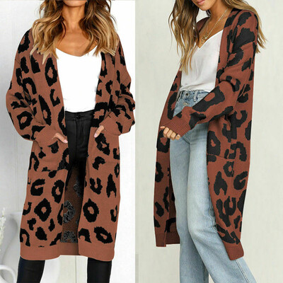 

Womens Leopard Print Cardigan Coat Tops Ladies Knitted Sweater Jumper Long Coat