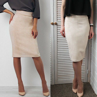 

Womens Plain Jersey Bodycon Tube Pencil High Waisted Ladies Stretch Midi Skirt