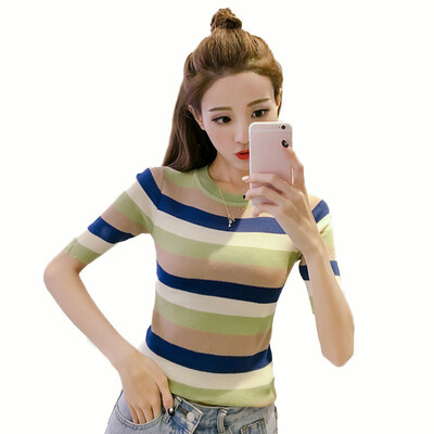 

Womens Casual O Neck T Shirt Striped Short Sleeve T-Shirt Slim Knitted Tee Tops Ladies t shirt