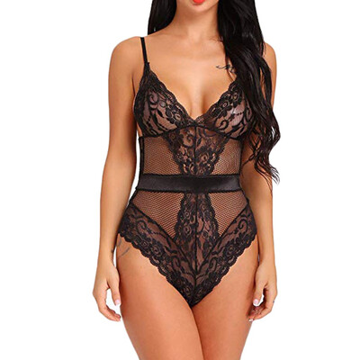

Toponeto New Women Lace Mesh Slips V-neck Backless Bandage Lingerie Bodysuit Jumpsuits