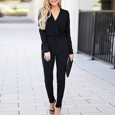 

Starmoon Women Pocket Lace Up V Neck Long Sleeve Rompers Jumpsuit Playsuit