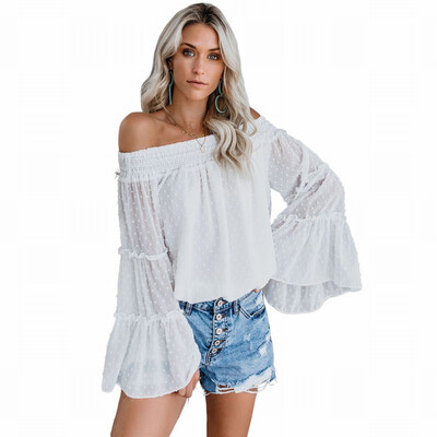 

Dotted trumpet long sleeved word collar hollow loose top