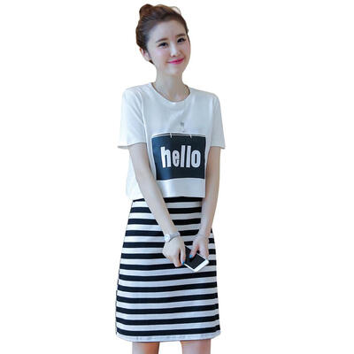 

2pcsset Short Sleeve Tops Sundress Women Stripe Large Size Tee Dress
