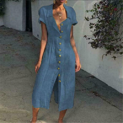 

Women Boho Cotton Linen Maxi Dress Short Sleeve Casual Kaftan Tunic Plus Size