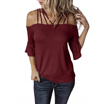 

Starmoon Women Summer Off Shoulder Short Sleeve Loose Solid Plus Size Casual T-Shirt