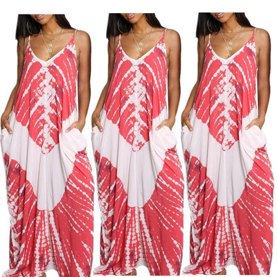 

B710 printed sling long skirt Europe&the United States new womens loose dress for the wish Amazon ebay explosion models Pink