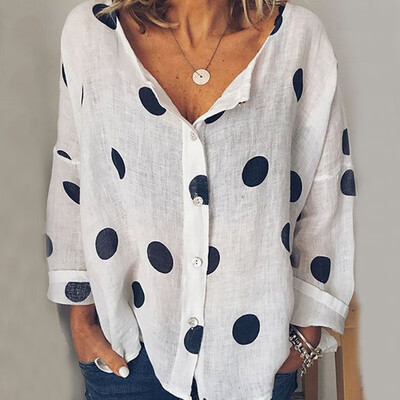 

Women Summer Loose Short Sleeve Dots Shirts Tops Casual Button Blouse T-Shirt