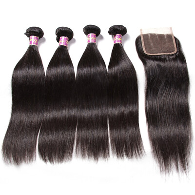 

UNice Peruvian Straight Human Hair 4 Bundles with Lace Closure 44