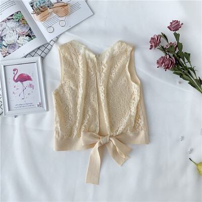 

Womens Sleeveless O Neck Solid Casual Lace Up Backless Lace Stitching T-Shirt
