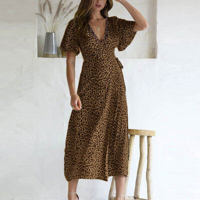 

Fashion Ladies Leopard Print Sundress Summer Short Sleeve Dress Casual V-Neck Midi Dress