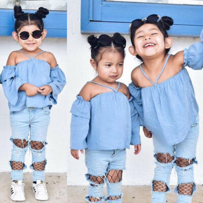 

Newborn Kids Baby Girls Off Shoulder Long Sleeve Tops Denim Pants Hole Outfits