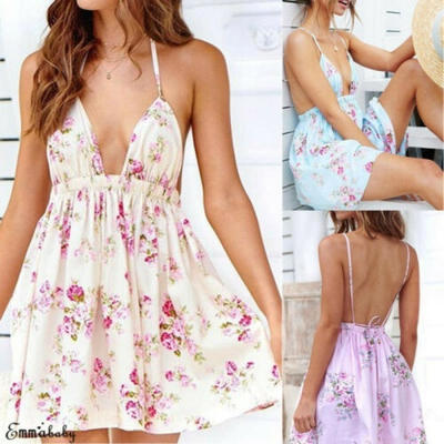 

Women Holiday V Neck Strappy Mini Dress Floral Summer Beach Swing Sundress