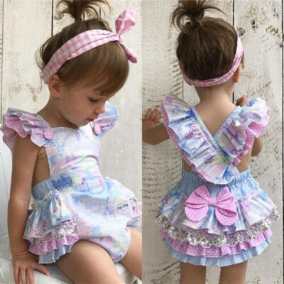 

Toddler Baby Kids Girls Lace Bowknot Romper Bodysuit Outfits Sunsuit Clothes US